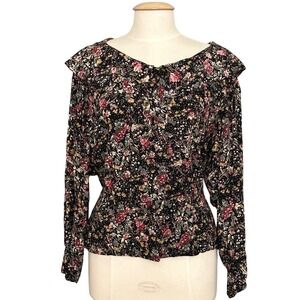 VTG 80s Hunters Run Womens Top L Black Dainty Floral Collar Prairie Cottagecore